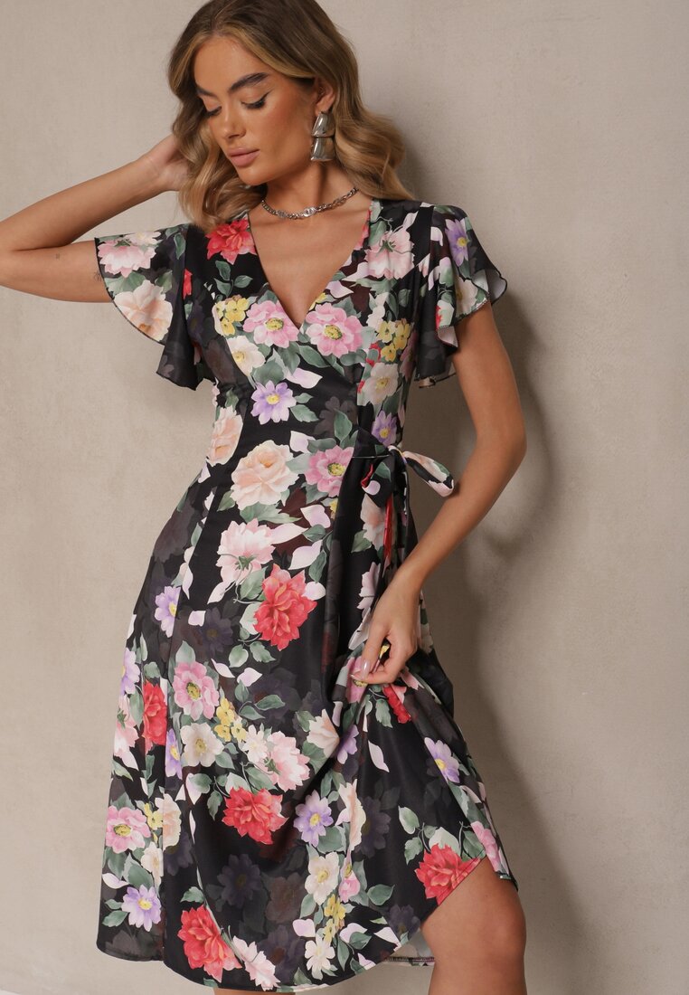 Rochie Neagră Florală cu Decolteu petrecut Atorina
