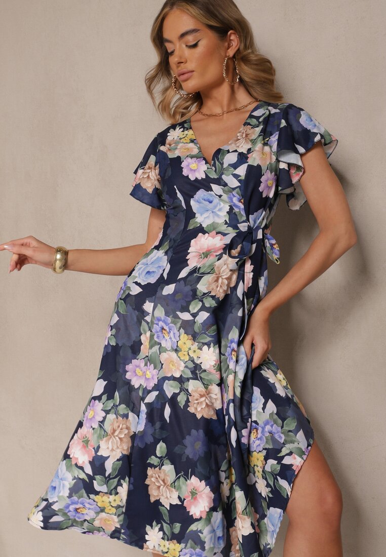 Rochie albastră florală cu decolteu petrecut Atorina