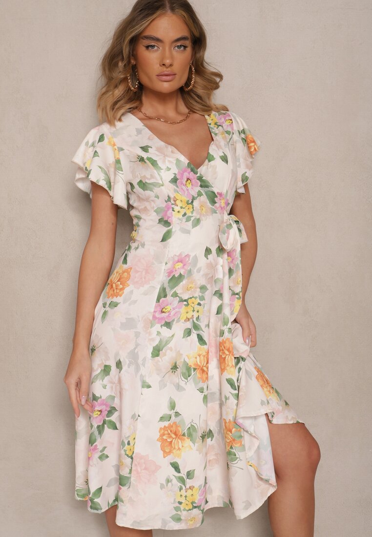 Rochie Bej Florală cu Decolteu Petrecut Atorina