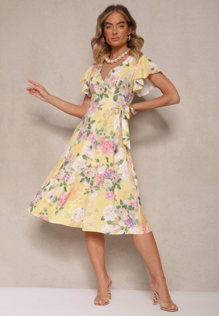 Rochie Galbenă Florală cu Decolteu Petrecut Atorina