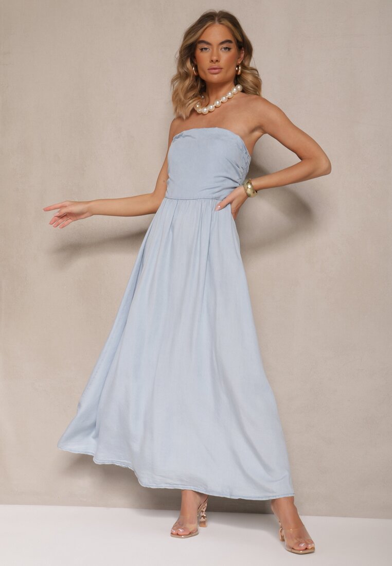 Rochie Albastru Deschis Cloche cu Decolteu Tip Bandeau Mavilore