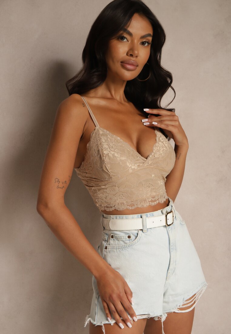 Top Bej Mulat din Dantelă cu Bretele Pasirelia