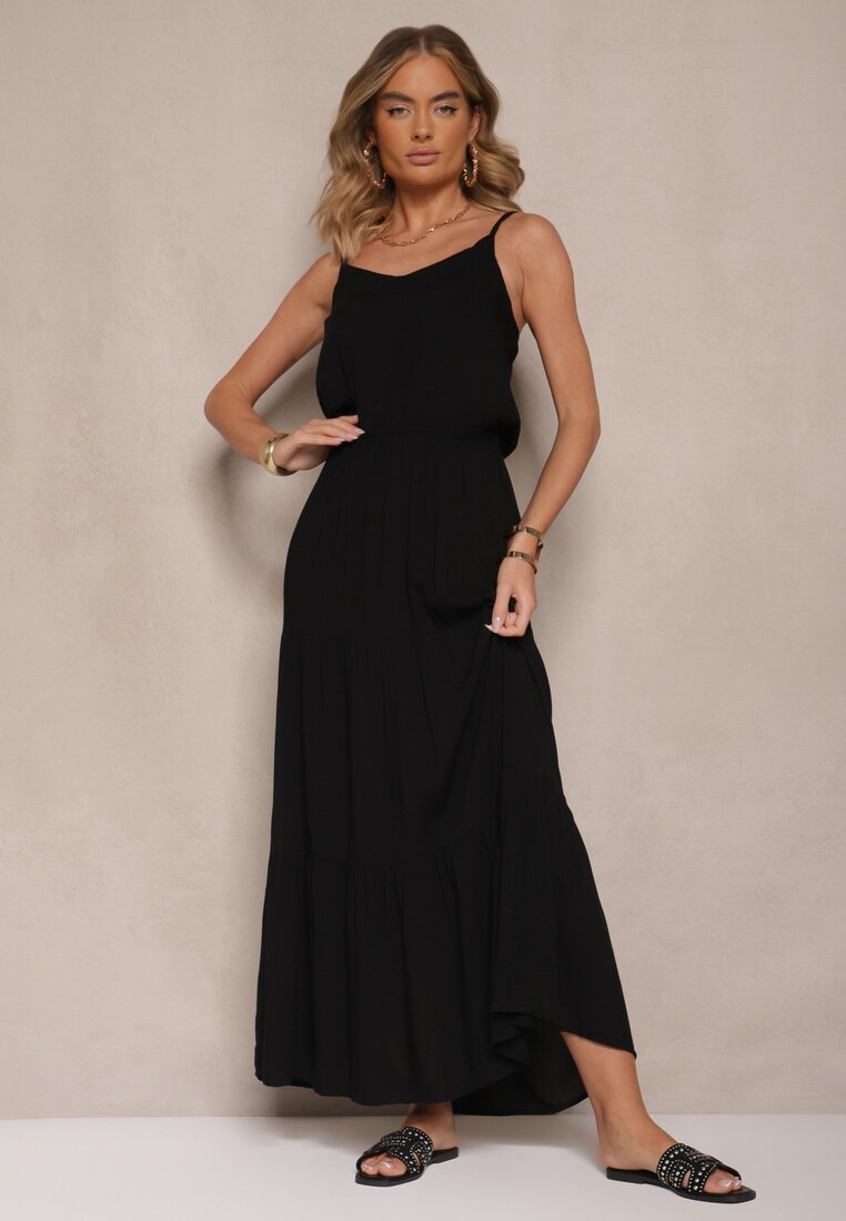 Rochie neagră evazată din viscoză cu bretele Flesira