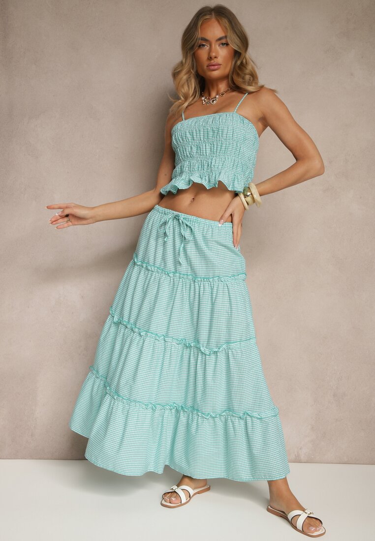 Komplet Verde din Bumbac cu Carouri Vichy Top și Fustă cu Volănașe Frosirae