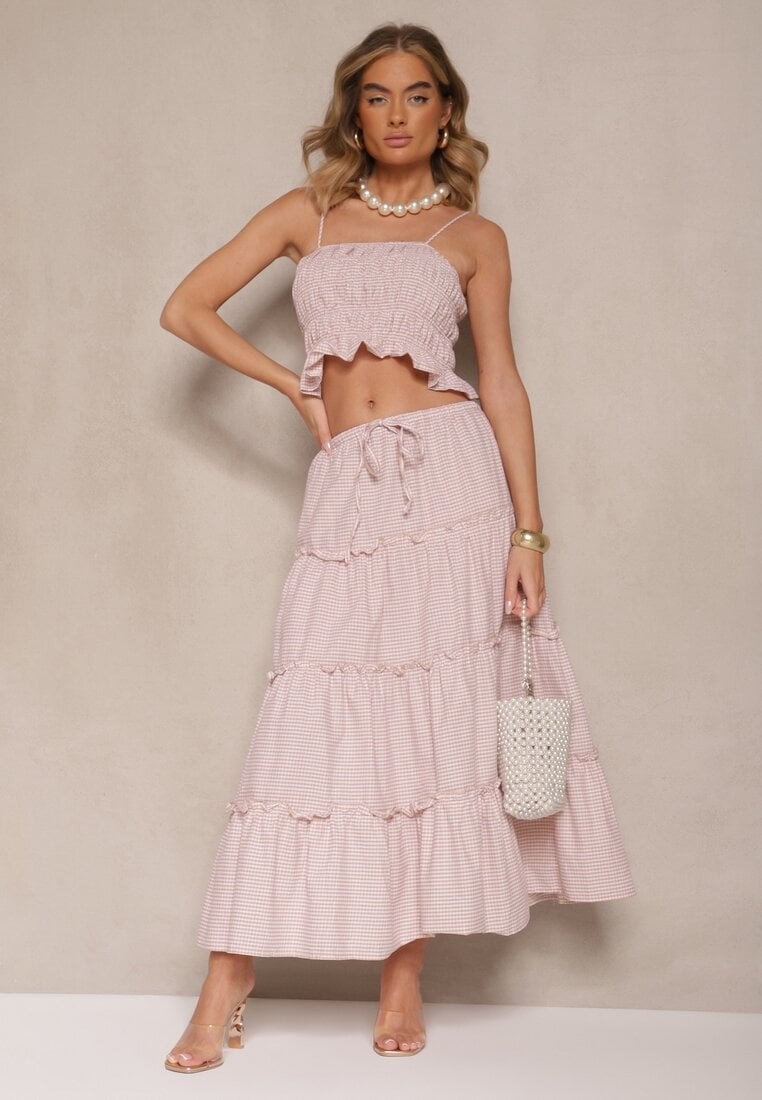 Compleu Bej-Roz din Bumbac în Carouri Vichy Top și Fustă cu Volane Frosirae