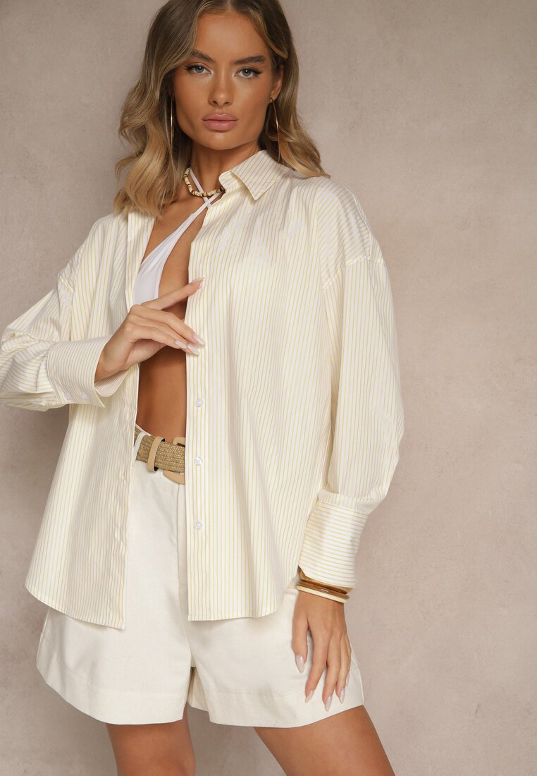 Cămașă Galbenă din Bumbac cu Croială Oversize cu Dungi cu Ornamente Metalice Pasenitia