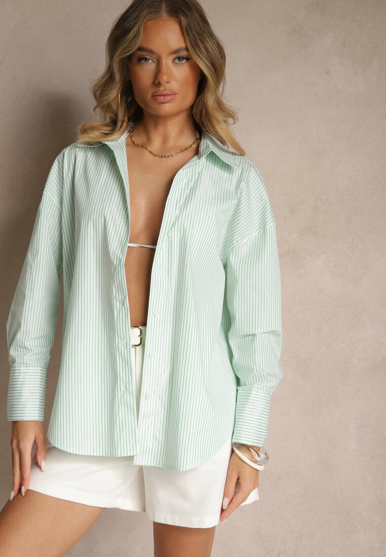 Cămașă Verde din Bumbac Croi Oversize cu Dungi cu Detalii Metalice Pasenitia