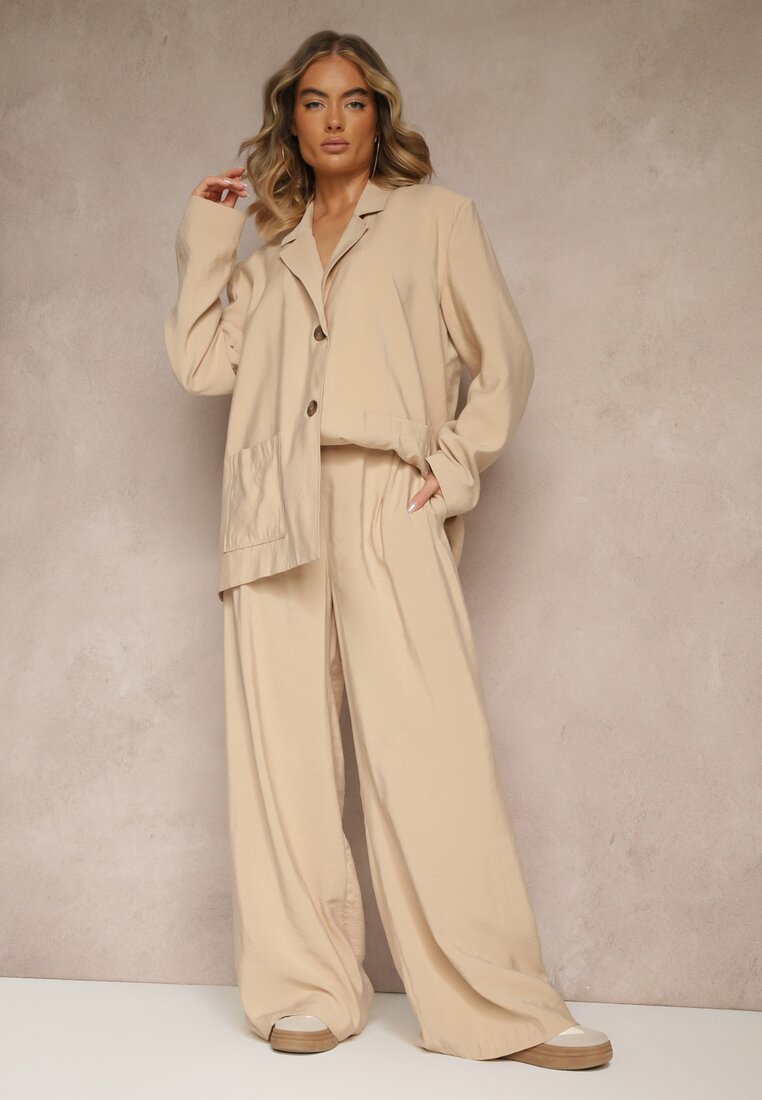 Pantaloni Bej Low Waist din Modal cu Picior lat Reanelira