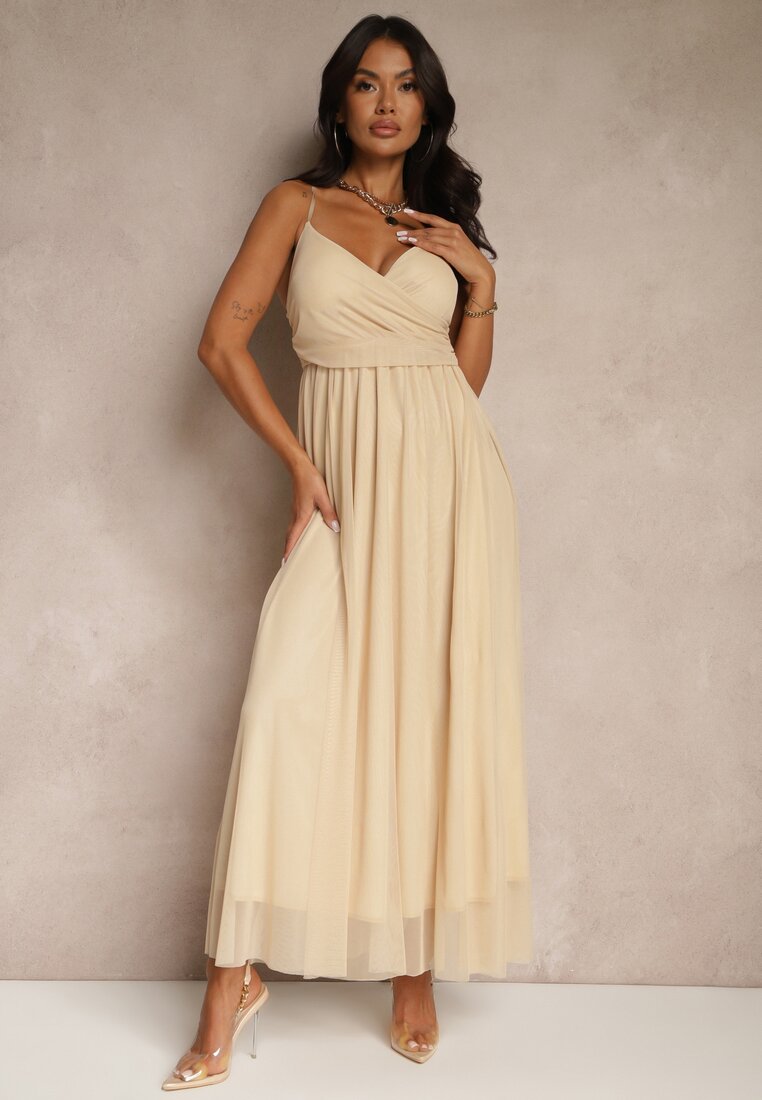 Rochie Bej de Cocktail cu Plasă de Tul Devinae