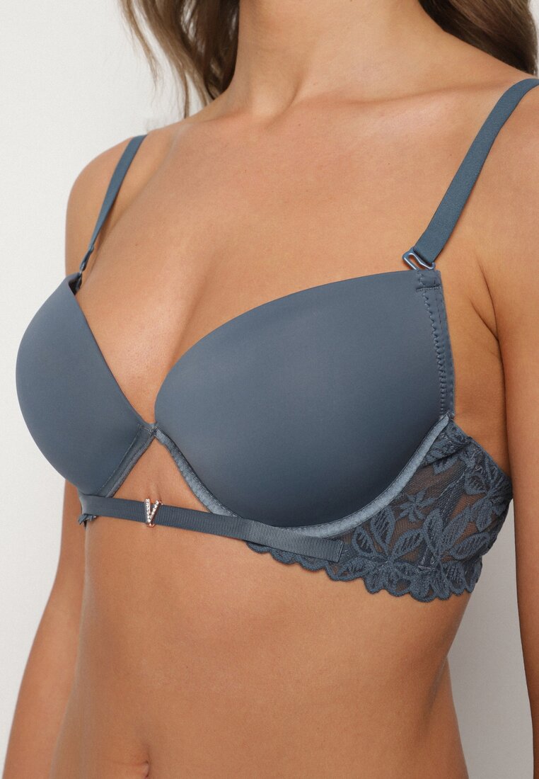 Sutien Push-up Bleumarin cu Dantelă și Decupaj în Față Sariaris