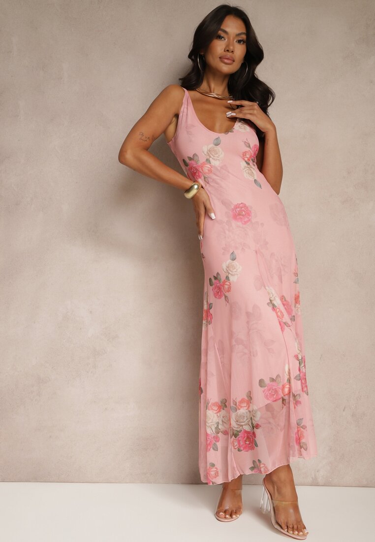 Rochie Roz din plasă cu Motiv Floral Milanessa