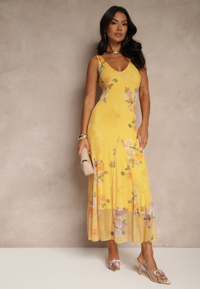 Rochie din plasă galbenă cu motiv floral Milanessa