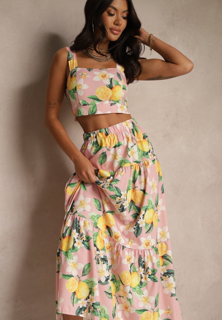 Set Roz Top cu bretele și Fustă croi evazat Madlaine