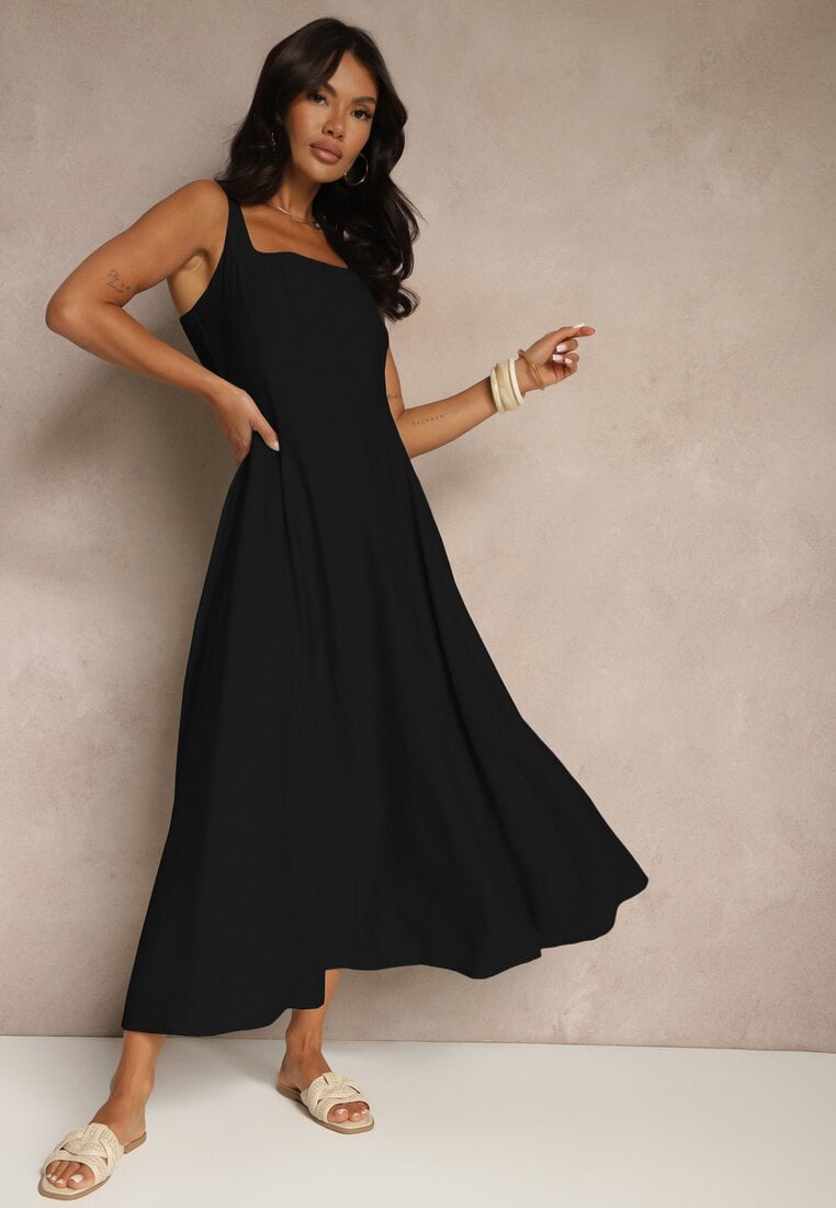 Rochie Neagră Evazată din Viscoză Decorată cu Decolteu Pătrat Avledia