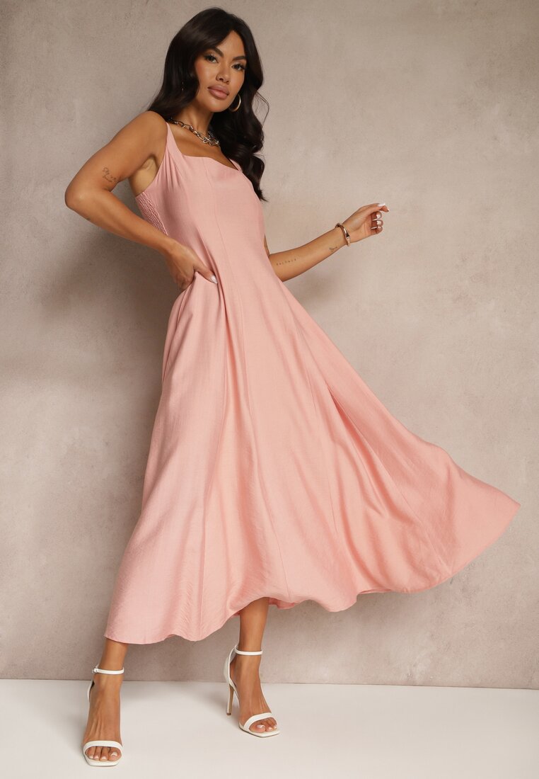 Rochie Roz Evazată din Viscoză Decorată cu Decolteu Pătrat Avledia