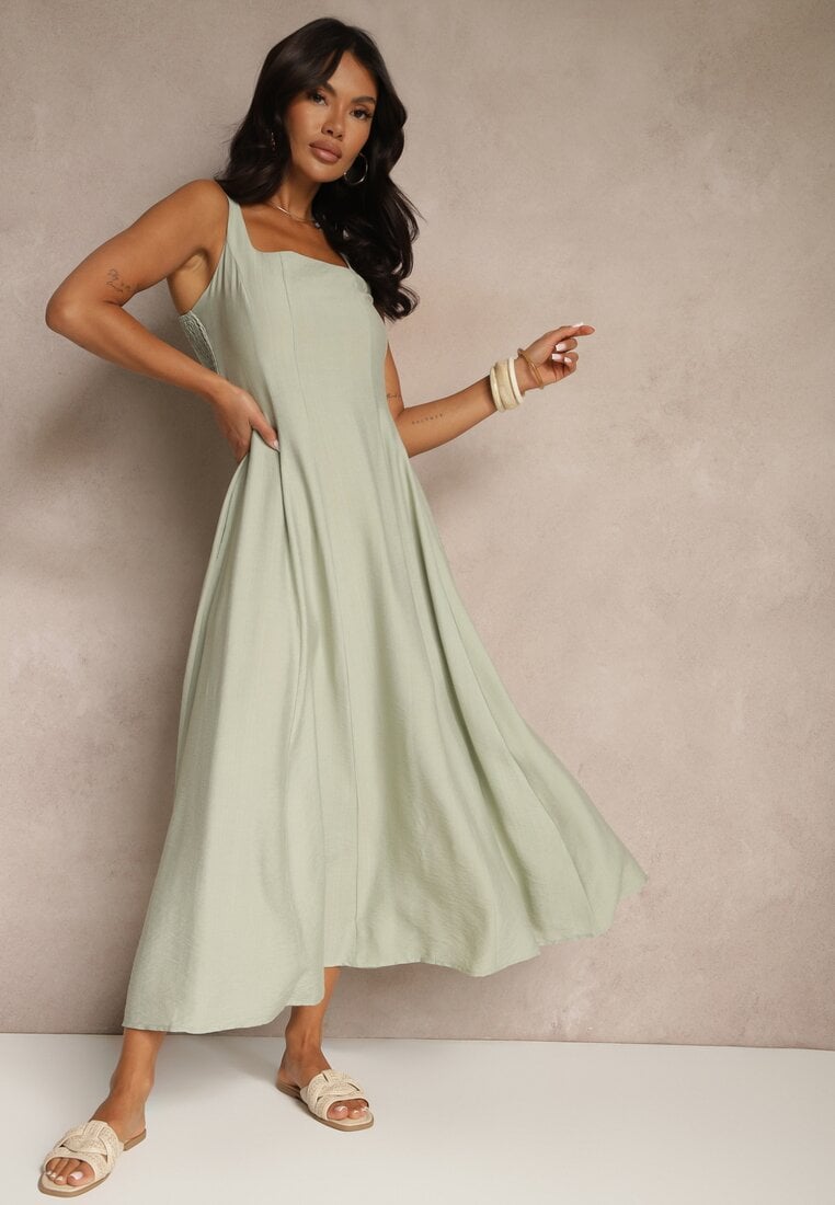 Rochie Verde Cloche din Viscoză Decorată cu Decolteu Pătrat Avledia