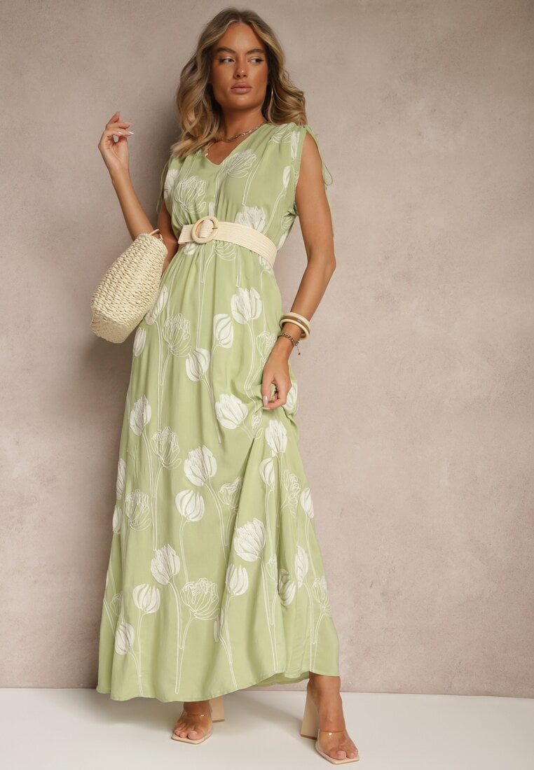 Rochie Verde cu Viscoză Decorată cu Broderii Lumamire