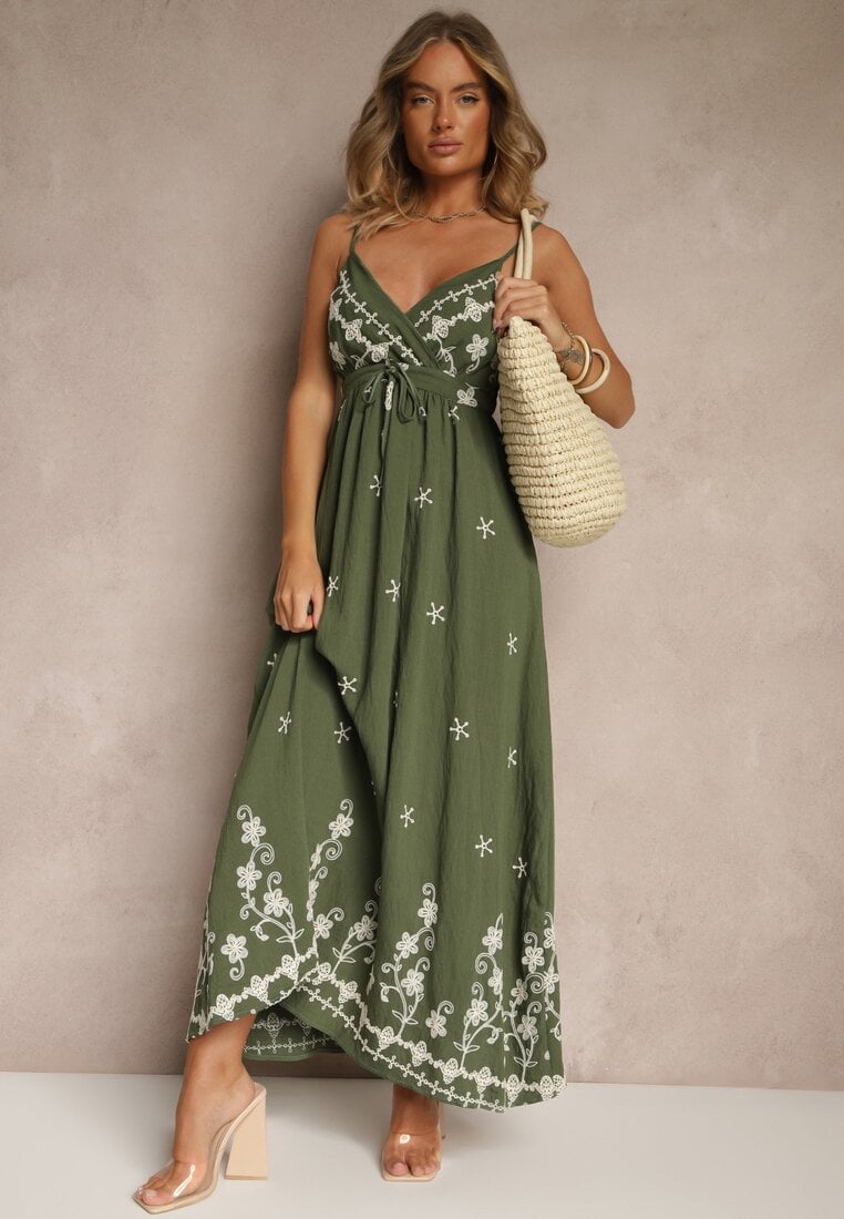 Rochie din viscoză verde cu decolteu petrecut și broderii Sarondra