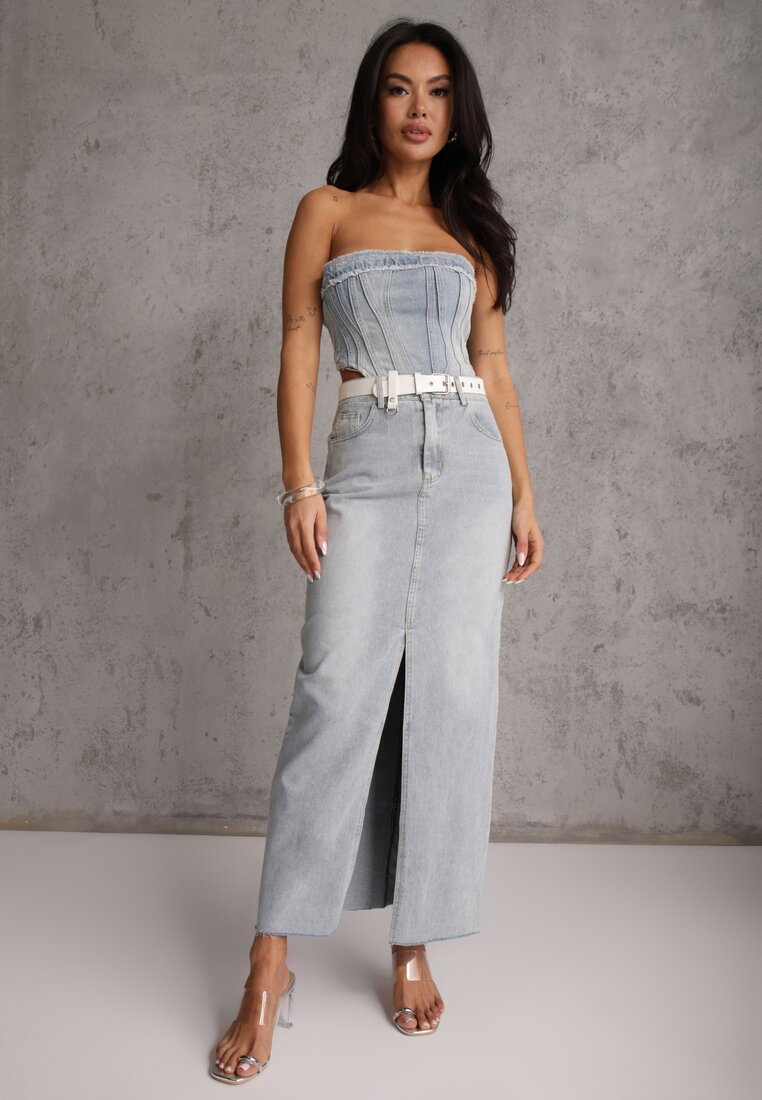 Fustă din denim albastru deschis croi creion cu șliț Lisovira