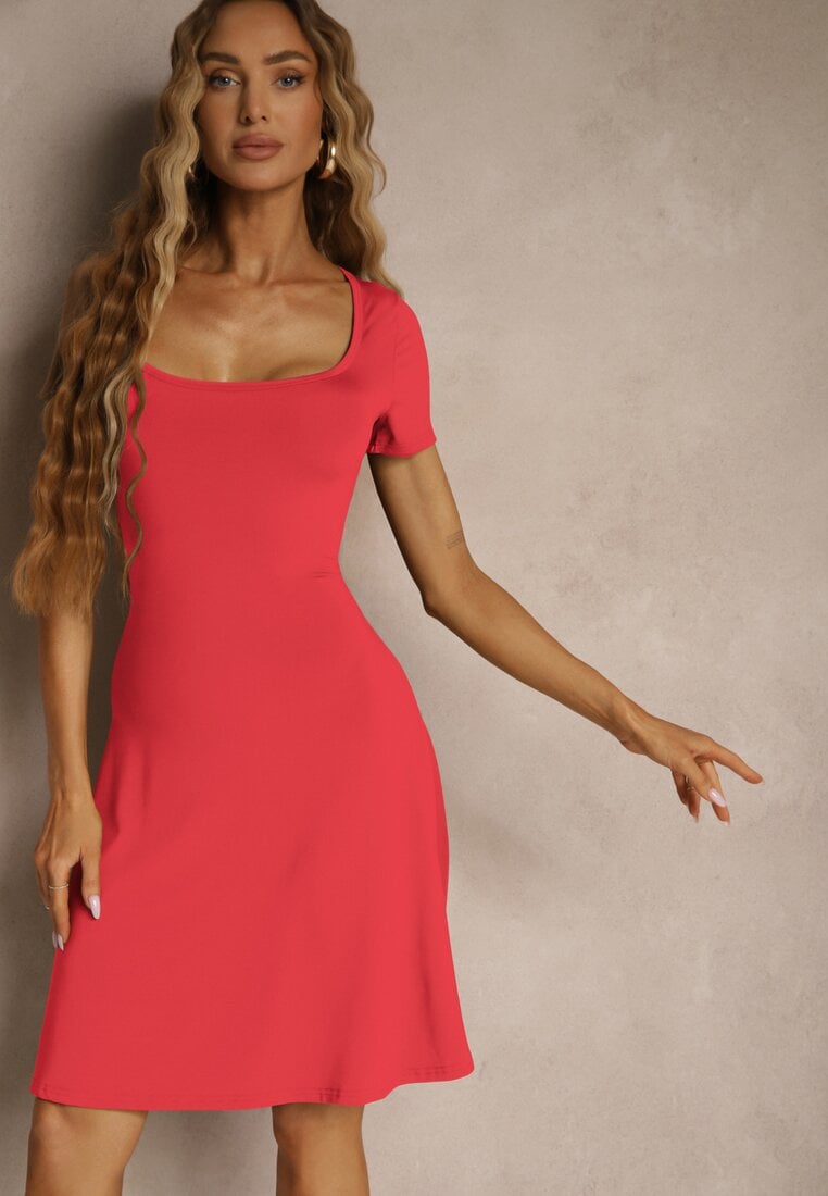 Rochie Roșie cu Viscoză cu croială evazată cu decolteu pătrat Miluriela