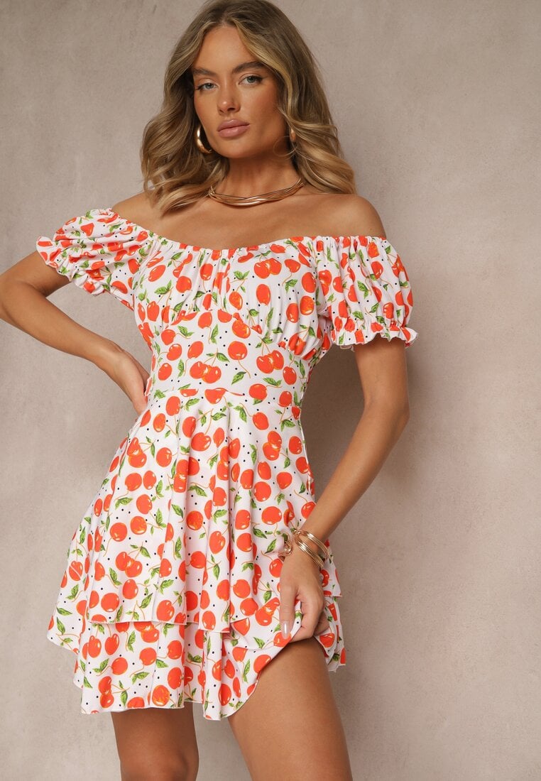 Rochie Albă Cloche din bumbac cu cireșe Lunasella