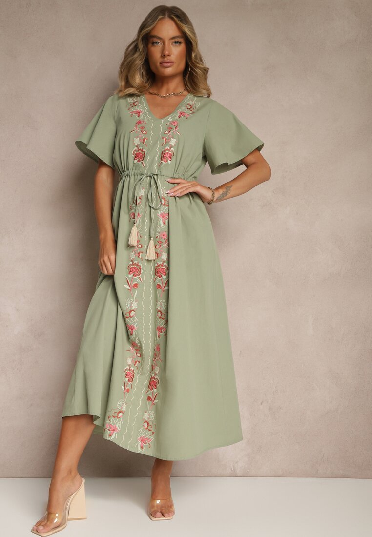 Rochie Verde Cloș din Bumbac stil Boho cu Broderie Decorativă Sersena