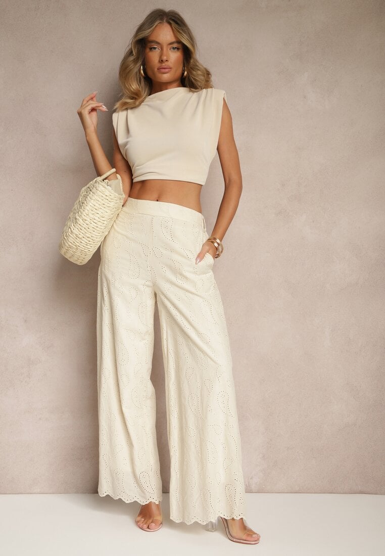 Pantaloni Bej Din bumbac Brodate Cu talie înaltă Cu croială largă Milirelia