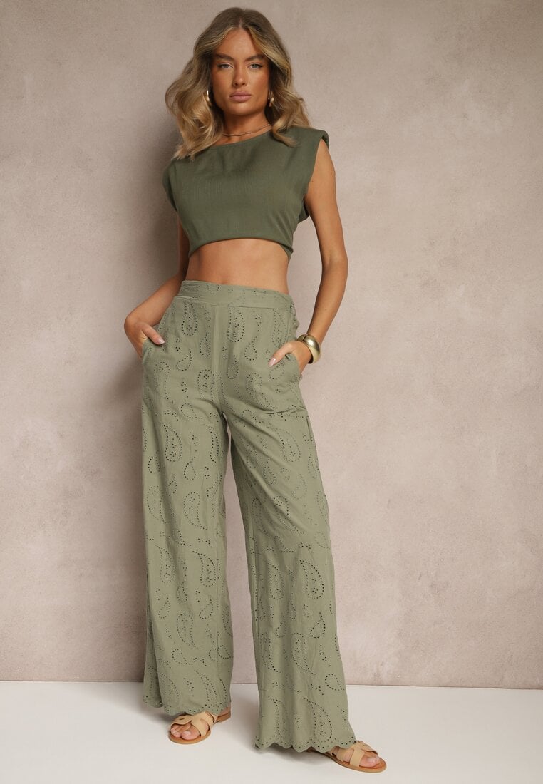 Pantaloni Verzi Din bumbac Brodați High Waist Cu croială largă Milirelia