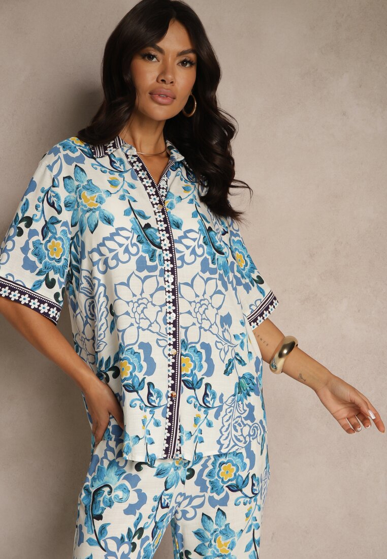 Cămașă Albastră Din Viscoză Florală Milandena