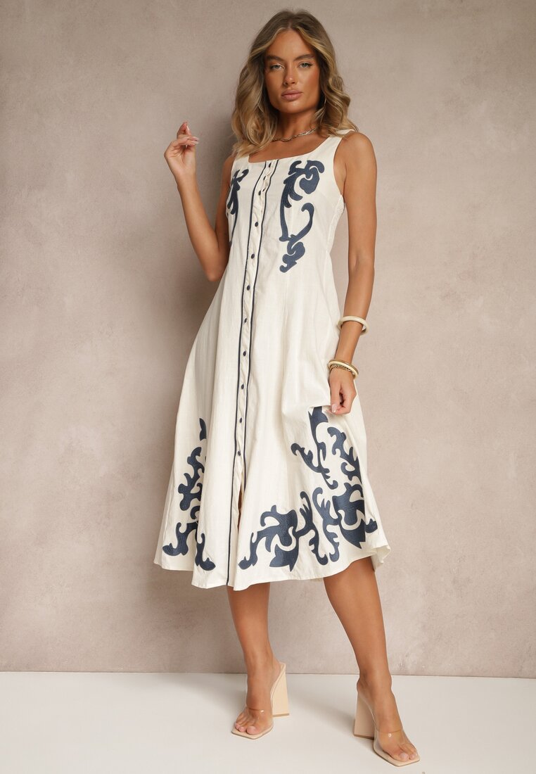 Rochie Bej de Bumbac cu Nasturi și Broderii Milonellea