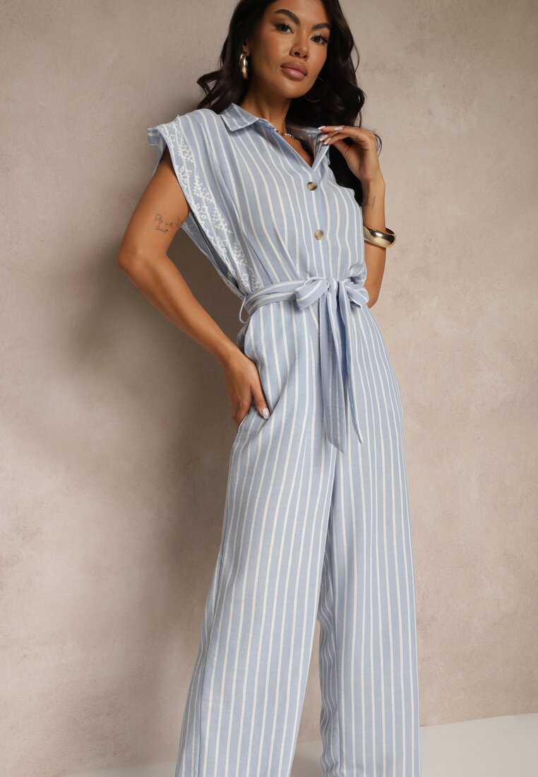 Salopetă Albastră Tip cămașă din bumbac cu curea cu nod Amevilia