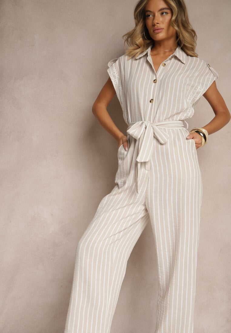 Salopetă stil cămașă Bej din Bumbac cu Centură Legată Amevilia