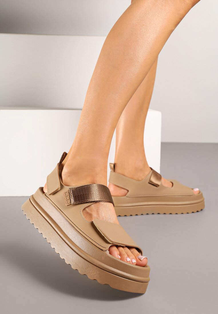 Sandale bej închis Chunky cu platformă cu închidere cu scai Lorovia