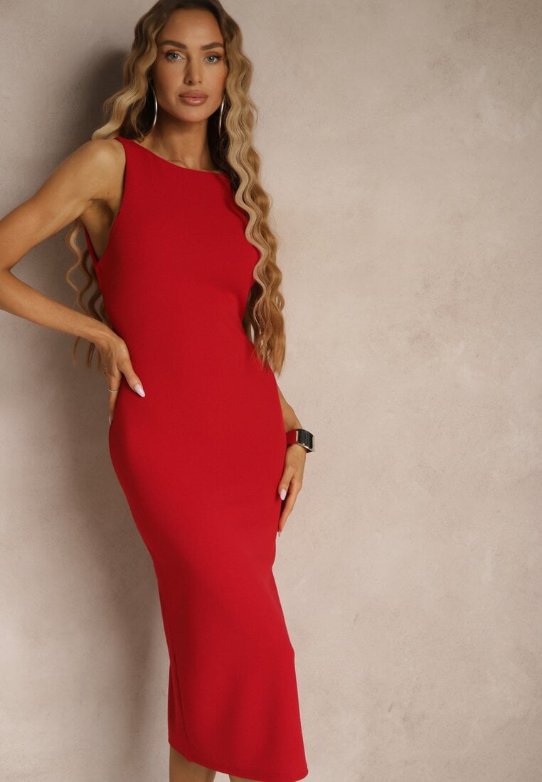 Rochie Roșie Ołówkowa Fără Mâneci cu Viscoză Decorată cu Fentă la Spate Fonama