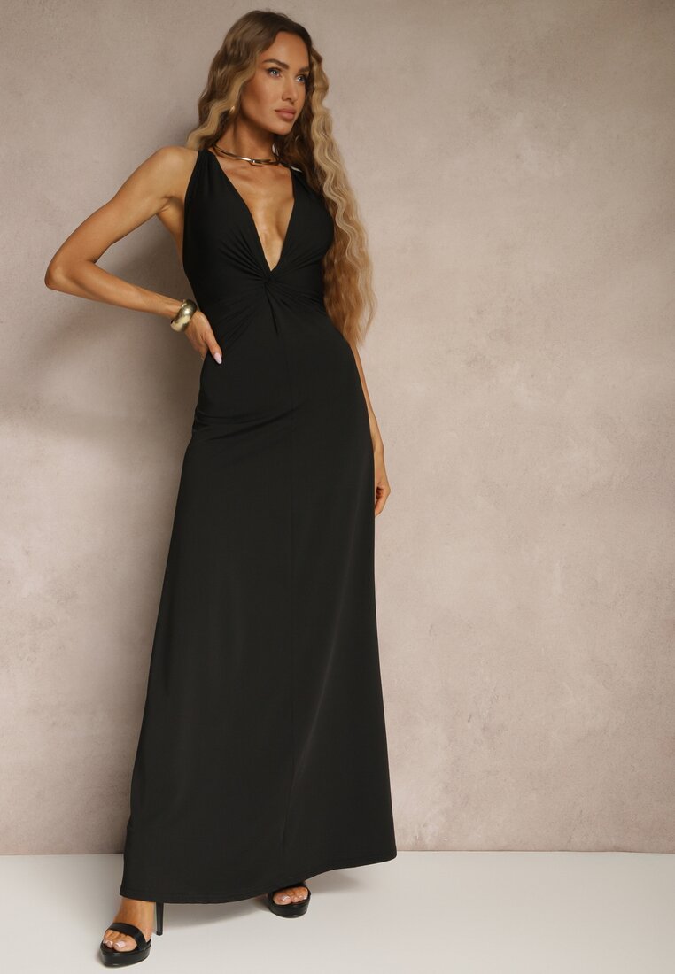 Rochie Neagră Încrețită din Vâscoză cu croială evazată Fără Mâneci Folonea