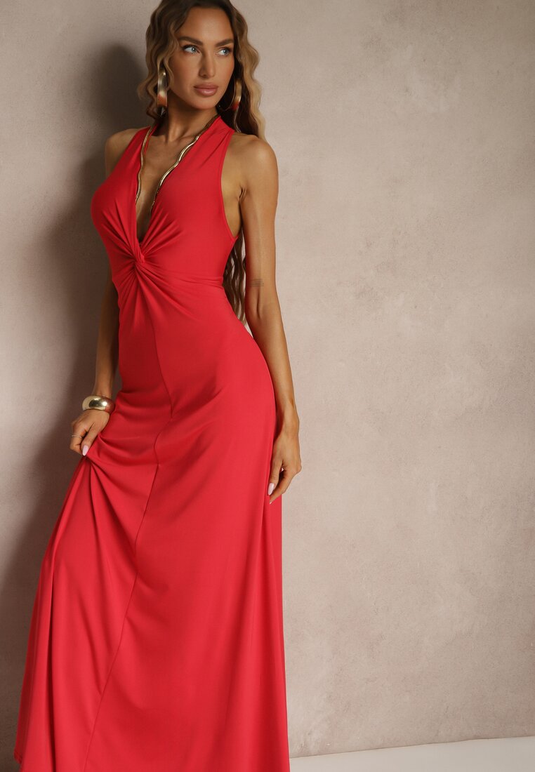 Rochie Roșie Încrețită din vâscoză cu croială cloș fără mâneci Folonea