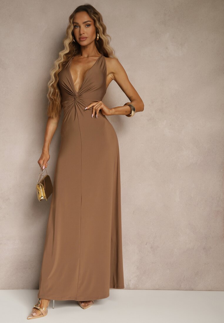 Rochie Maro Drapata din Viscoză cu Fason Evazat Fără Mâneci Folonea