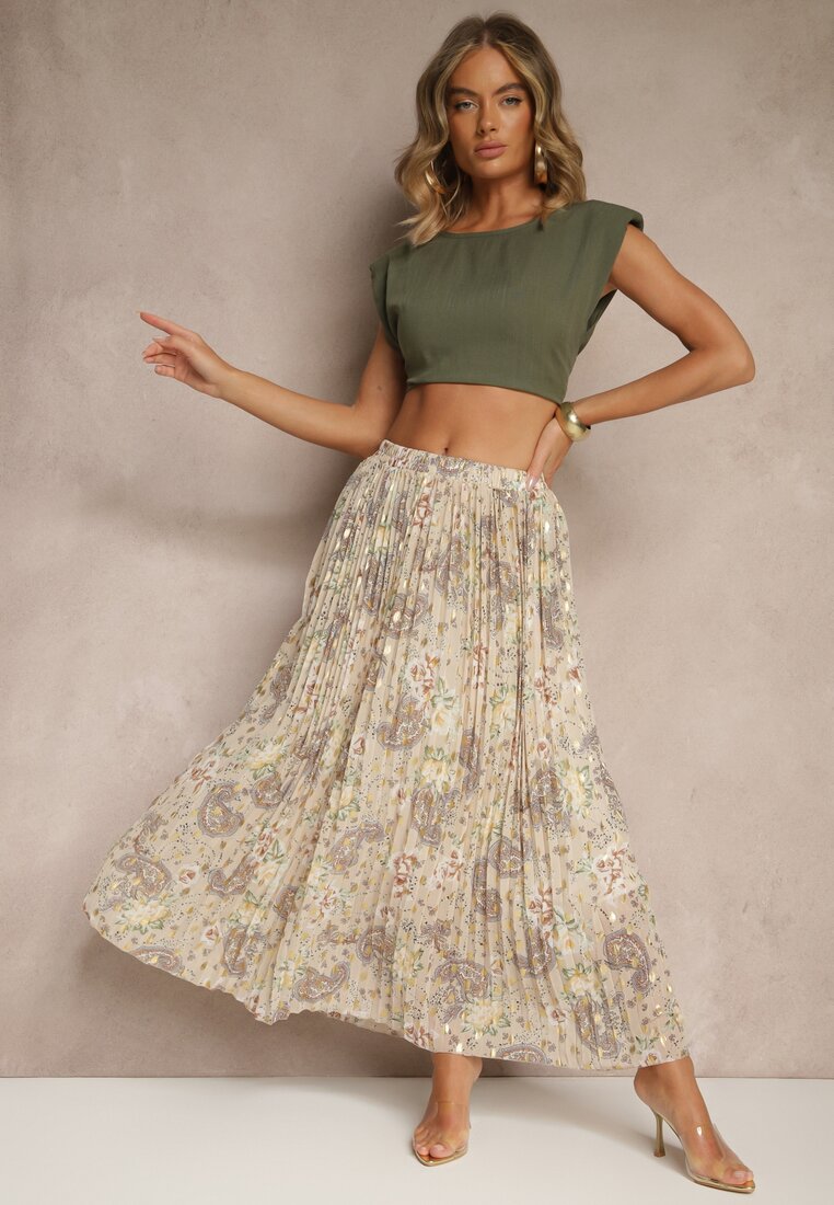 Fustă Evazată Bej cu Imprimeu Floral cu Pliuri și Imprimeu Metalic Follanea