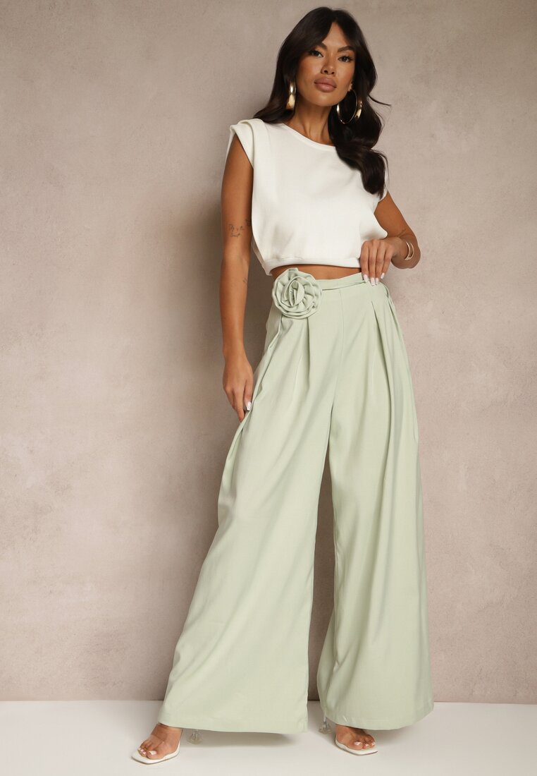 Pantaloni Verzi cu croială largă High Waist cu floare 3D Firalisse