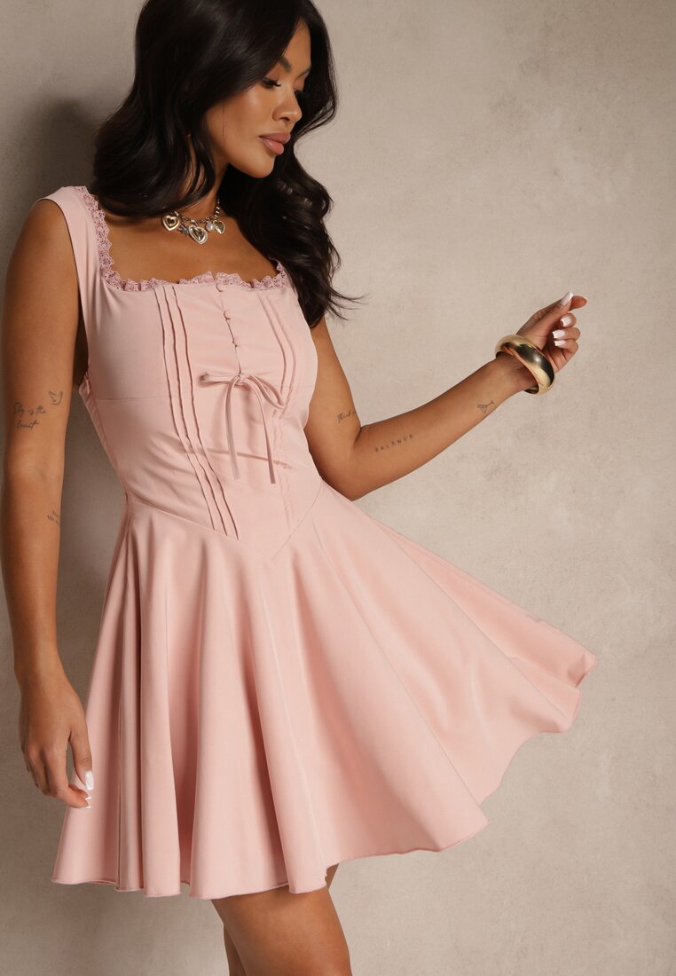 Rochie Roz Rustică Vices cu croi evazat cu legătură din grosgrain Folessea