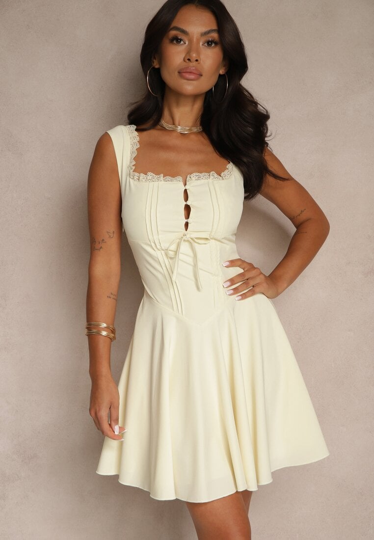 Rochie Galbenă Rustică Vices cu croială evazată cu legătură rips Folessea