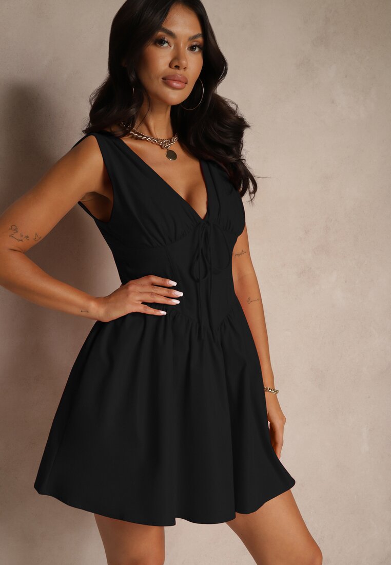 Rochie Neagră Evazată Vices Fără Mâneci Decorată cu Fundă Folawenna