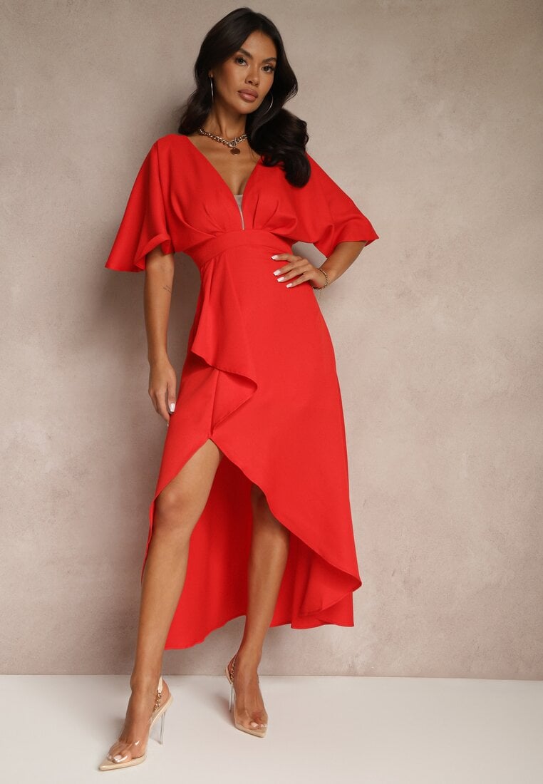 Rochie de cocktail Roșie Asimetrică Vices Decorată cu Volan Nelioraia