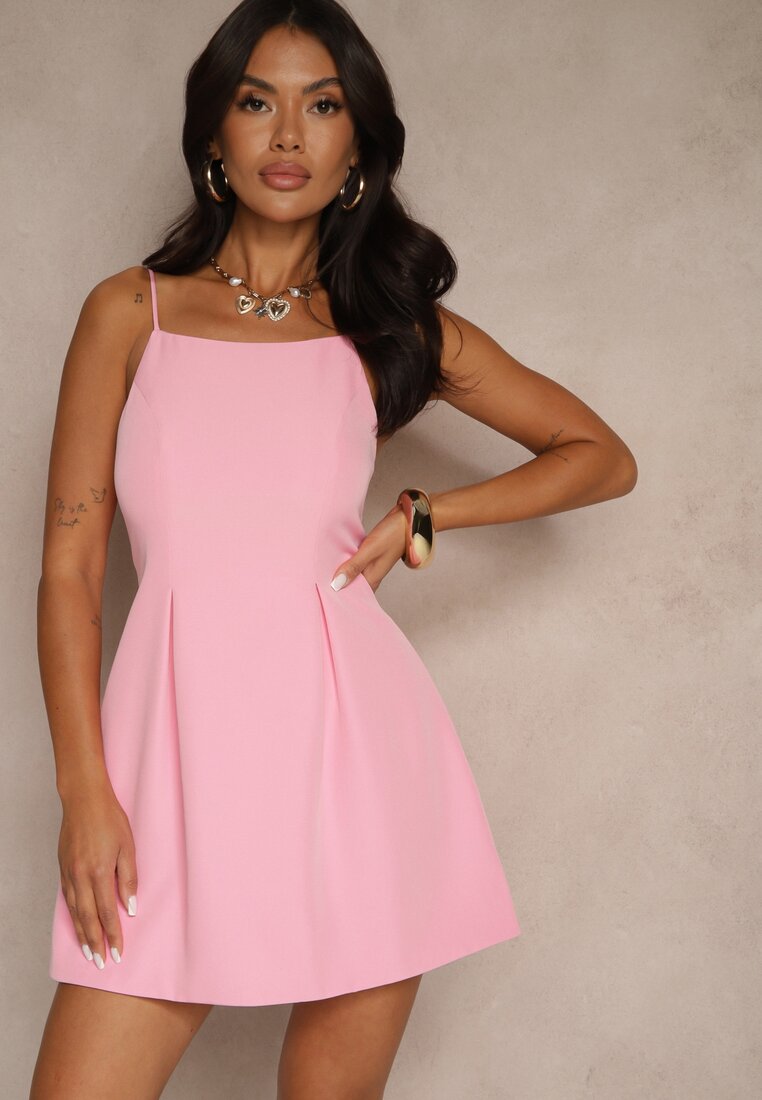 Rochie Evazată Roz Vices cu bretele cu pliuri decorative Milanelis