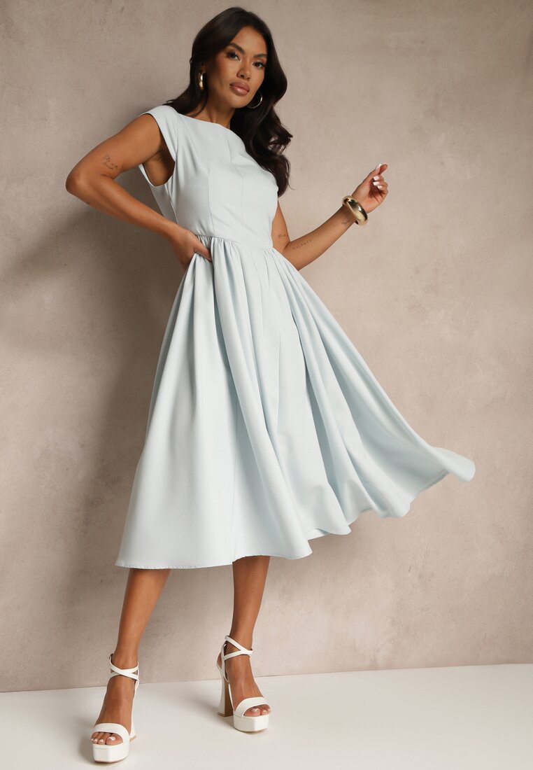 Rochie Albastră Vices cu Croi Cloș cu Decolteu Barcă Milioria