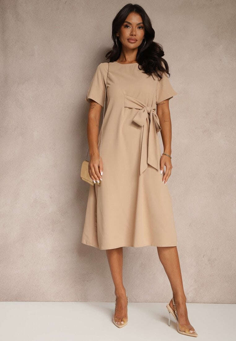 Rochie Bej Evazată Vices Decorată Cu Legătură Folarenne