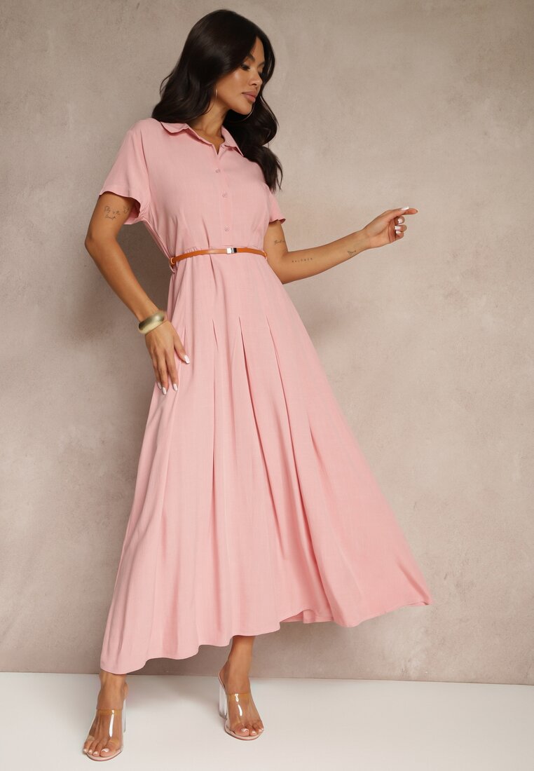 Rochie cămașă rozalie din viscoză cu o curea subțire Filanella