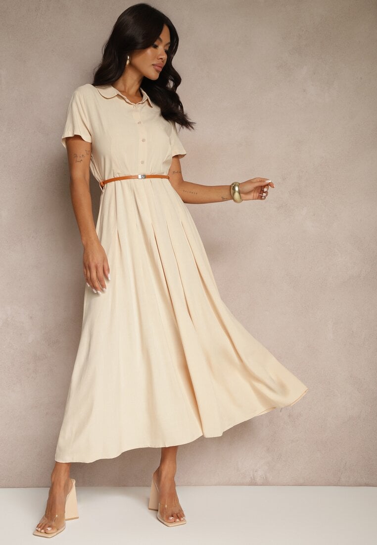 Rochie Bej tip Cămașă din Viscoză cu o Curea Subțire Filanella