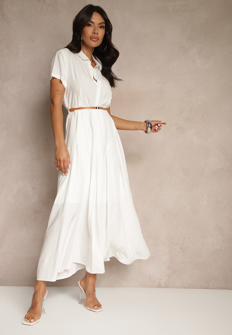 Rochie Albă tip cămașă din Vâscoză cu Curea Subțire Filanella