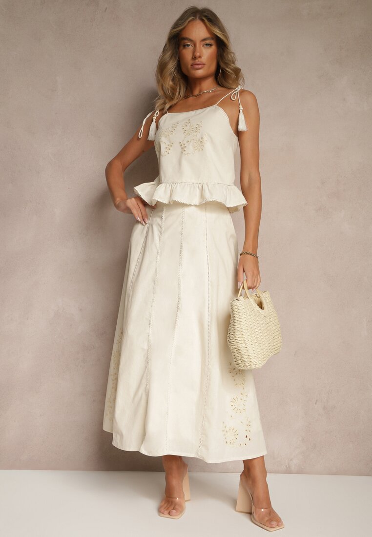 Fustă bej evazată din bumbac cu detalii brodate Tolanisse